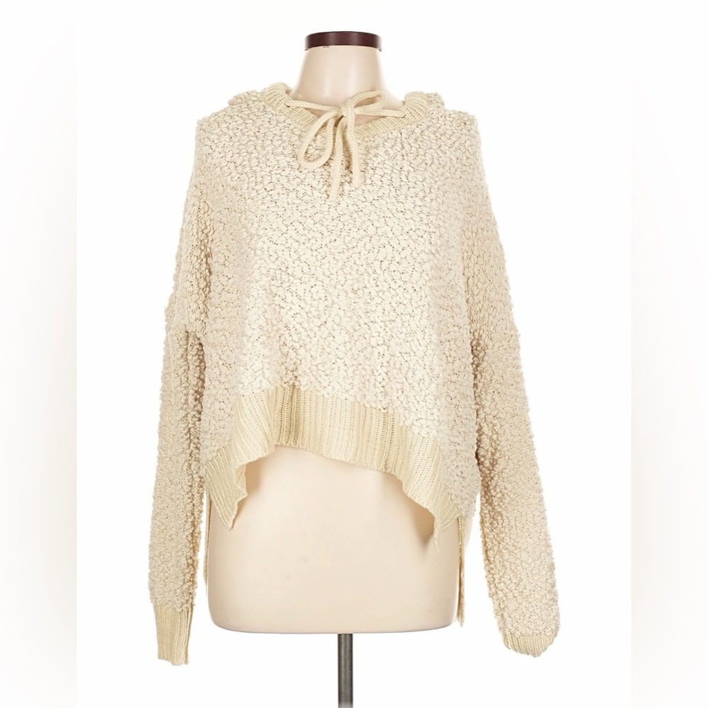 Pol Knit Popcorn Hooded Sweater Womens M Beige Long Sleeve Pullover Oversized